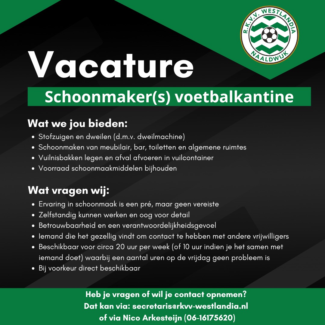 Vacature: Schoonmaker(s) voetbalkantine ( /- 20 uur per week)